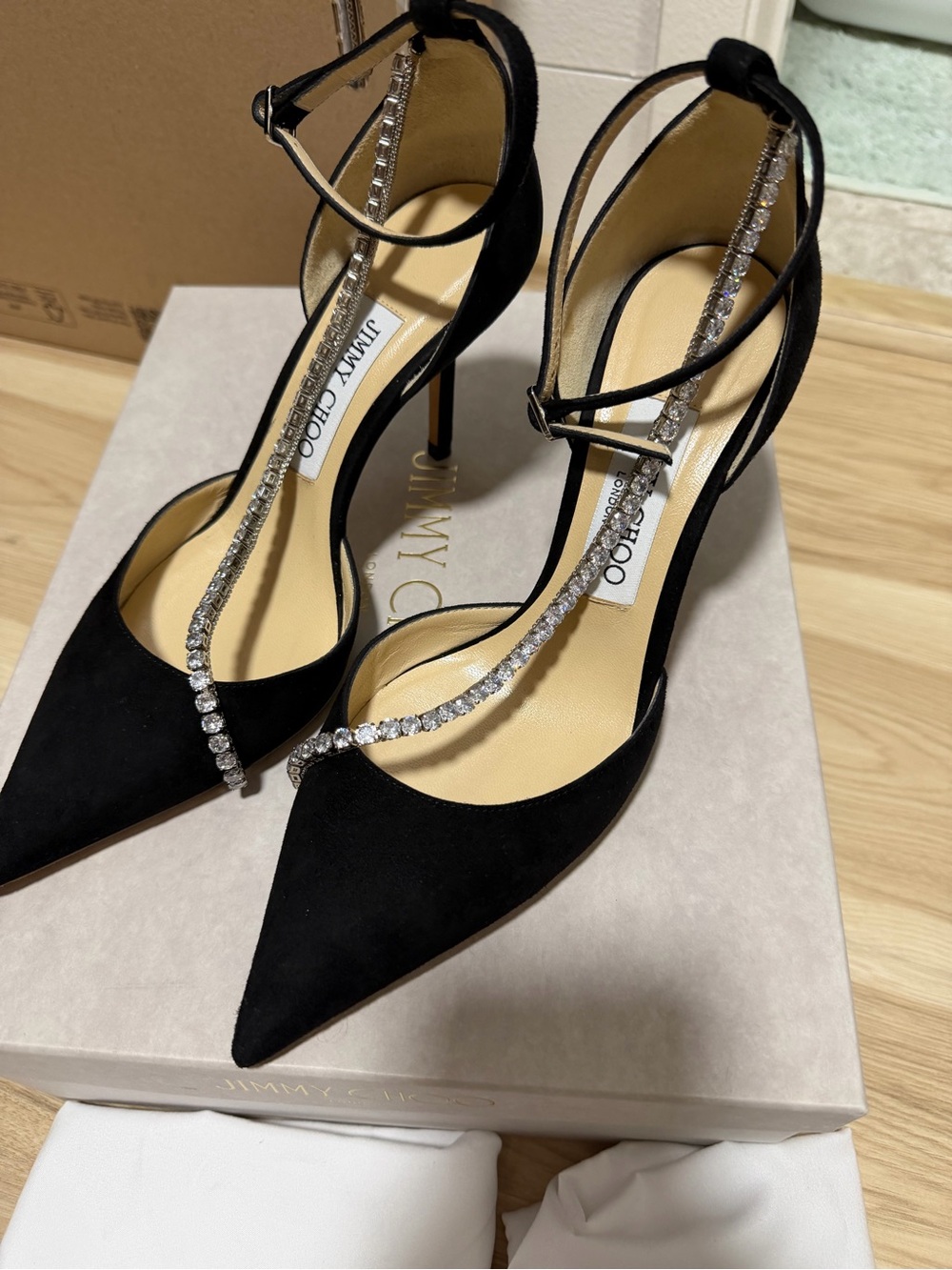 Jimmy Choo Black Suede Crystal T-Strap Pointed Toe Heels